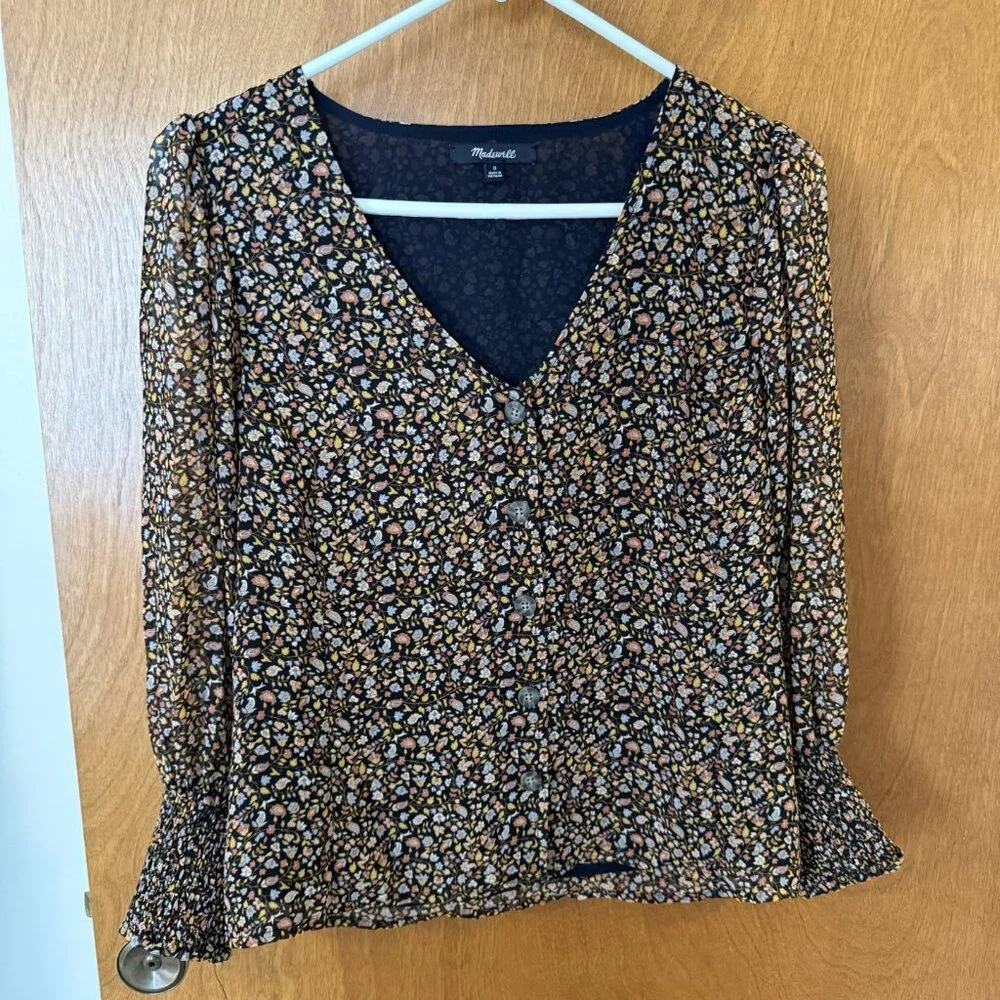 MADEWELL Georgette Smocked-Cuff Button-Front Shirt in Folktale Paisley Size 0